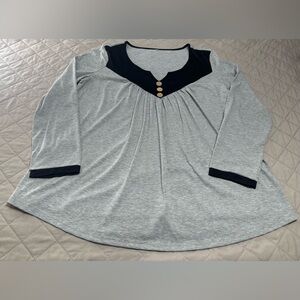 Women’s Two-Tone Scoop Neck Knit Top with Button Detail - Gray/Black